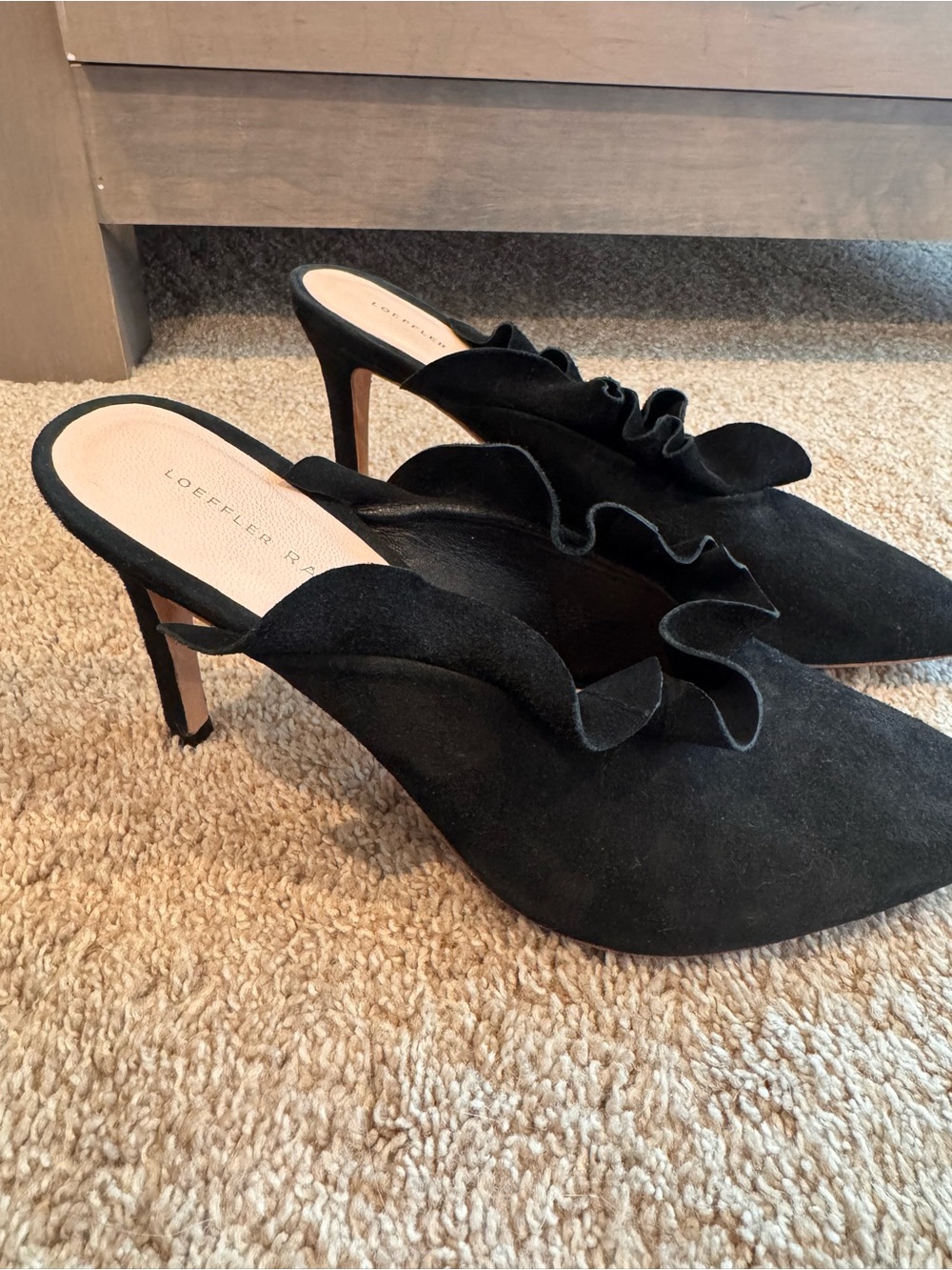 Loeffler Randall Black Suede Ruffle Pointed-Toe Mules